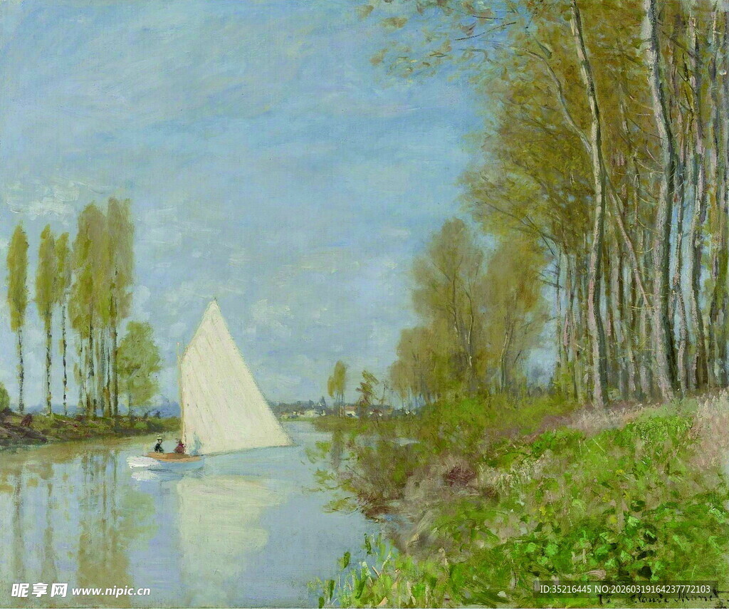 河畔帆船风景油画