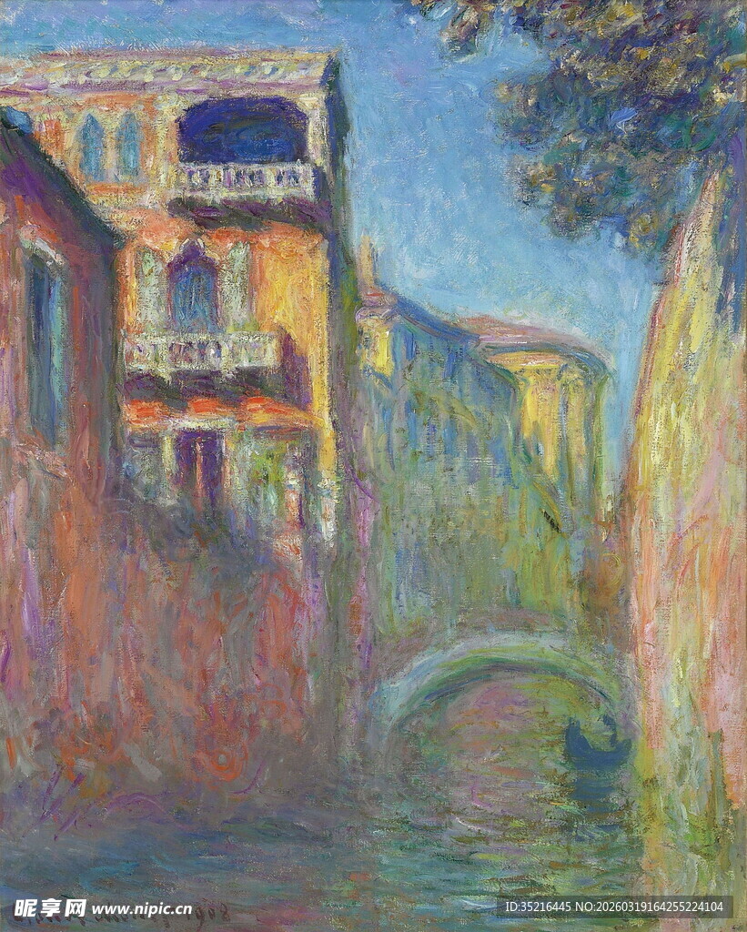 河畔彩色建筑风景画作