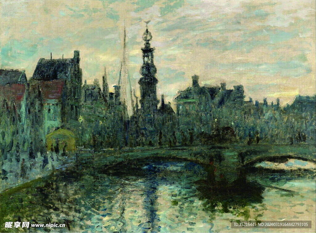 河畔城市风景油画