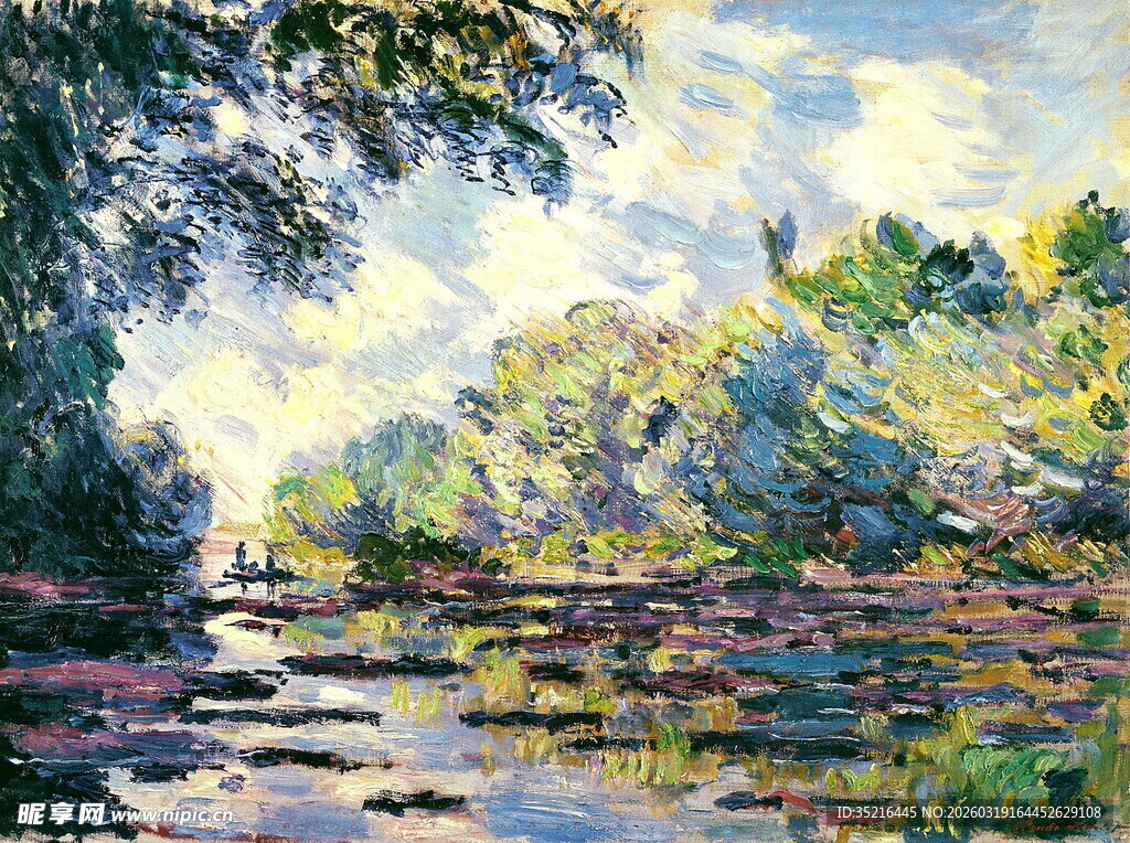 河畔风景油画