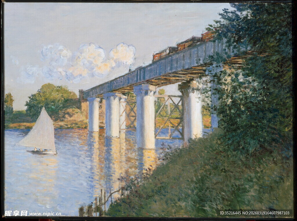 河畔桥梁与帆船风景图