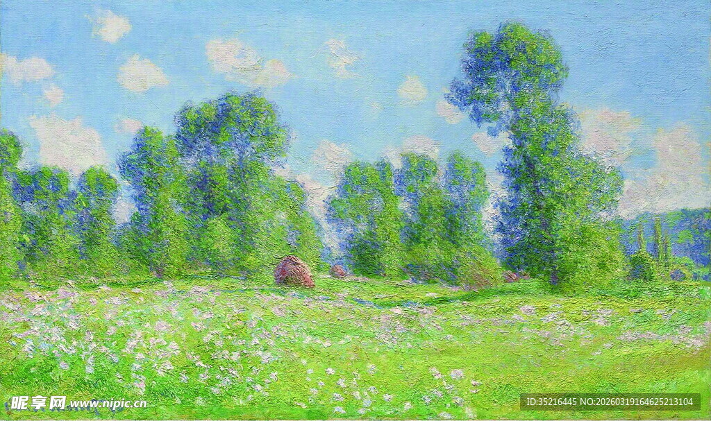 夏日草地树林风景油画