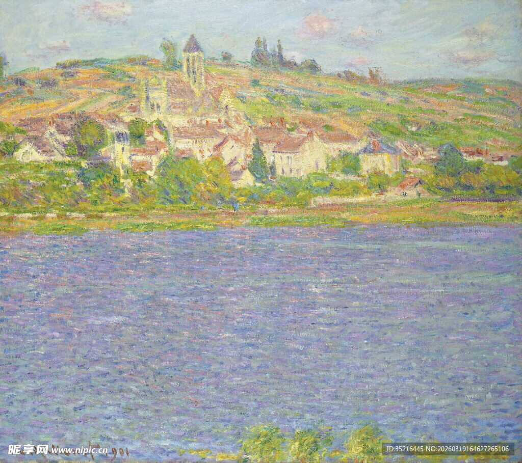 湖畔村庄风景油画