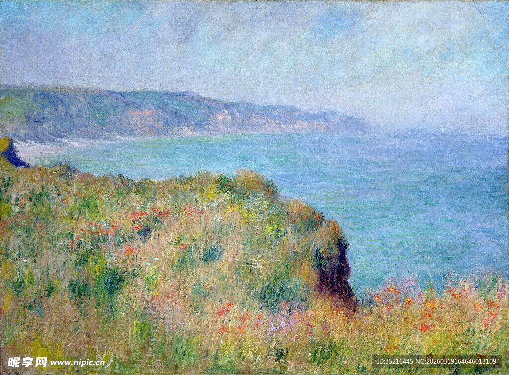 海边草地风景油画