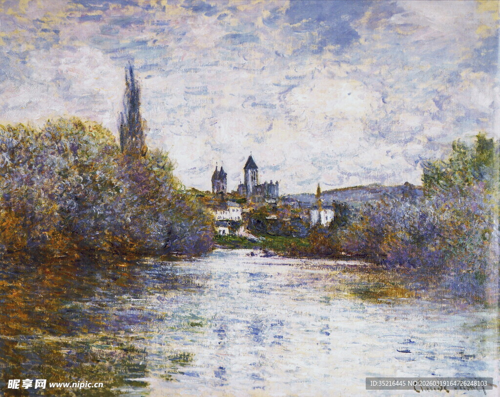 河畔小镇风景油画