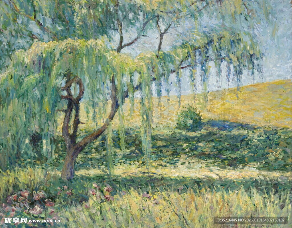 春日垂柳下的田园风光