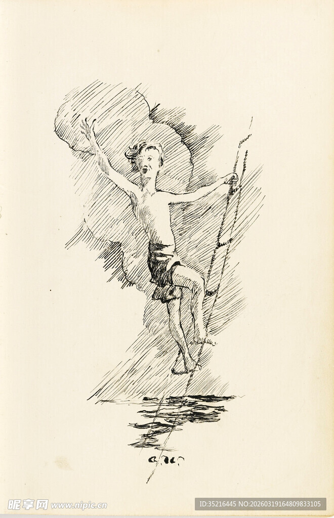 持杆涉水人物素描