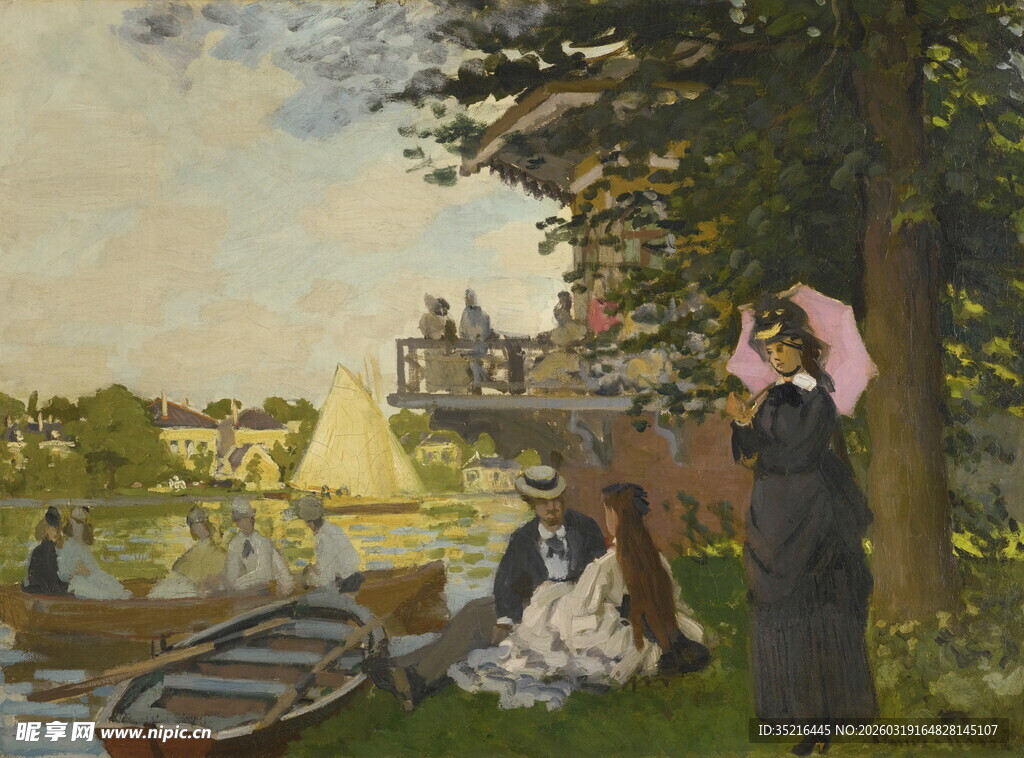 河畔休闲场景油画