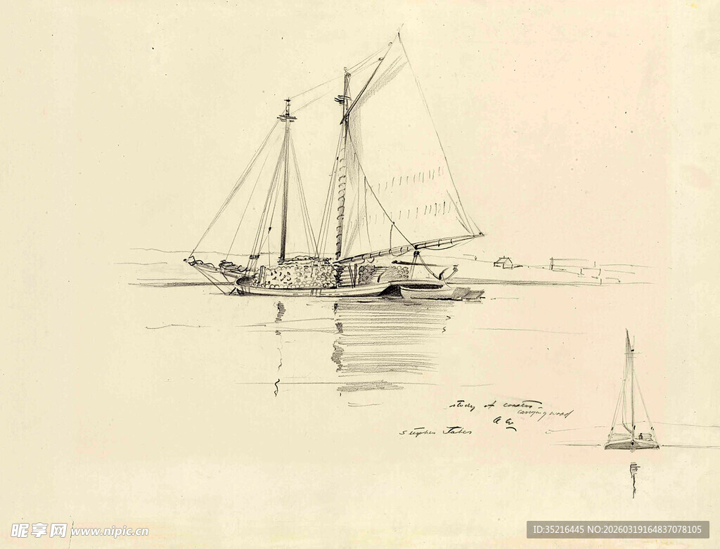 海上帆船素描图