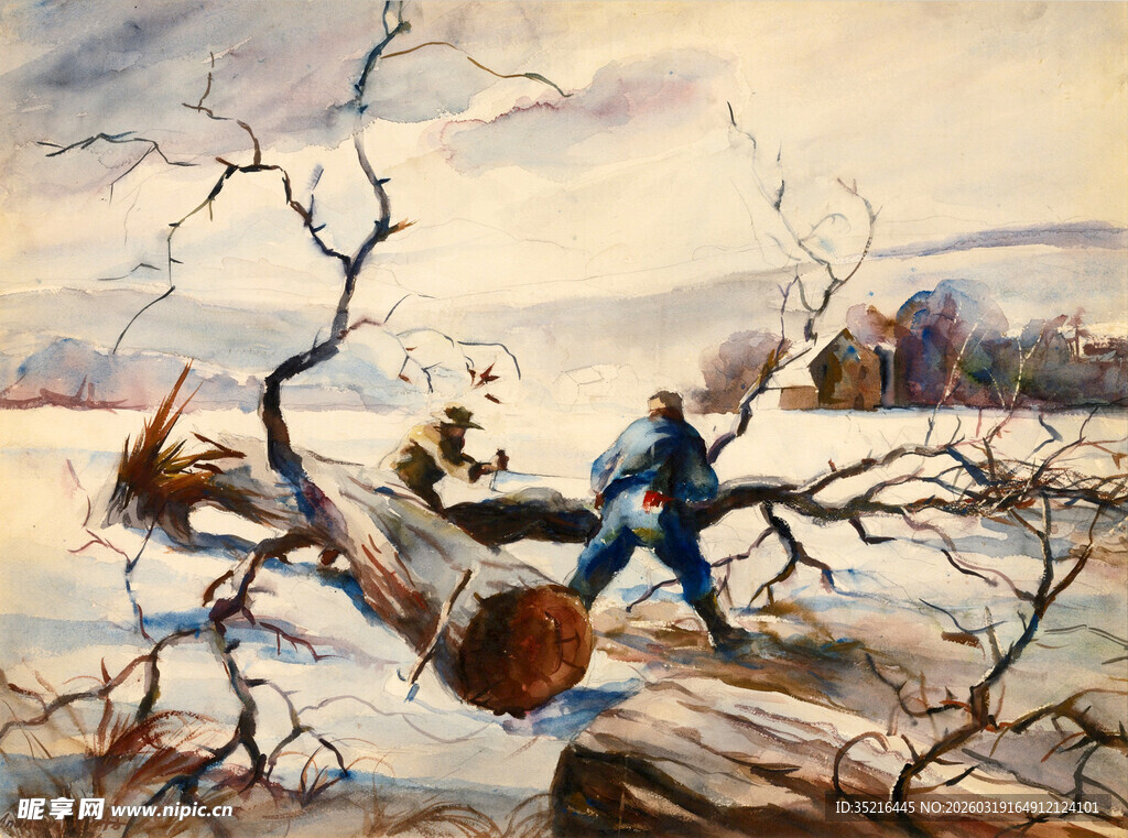 冬日河畔伐木场景