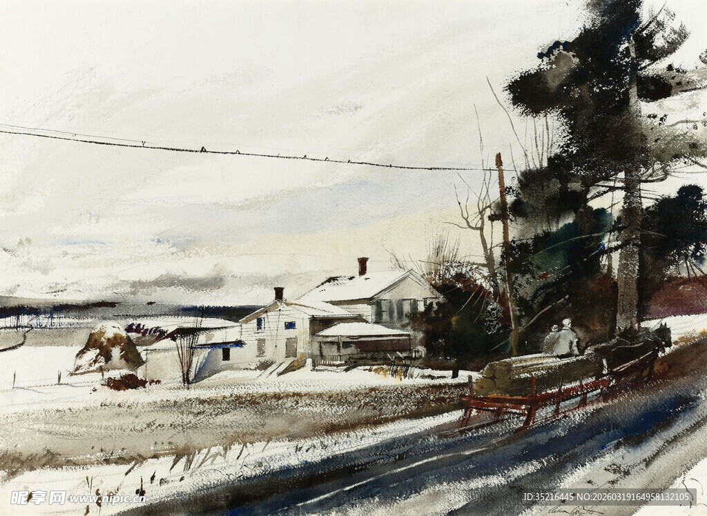 冬日乡村雪景马车画面