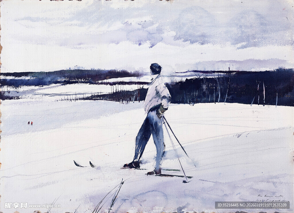 单人雪地滑雪场景