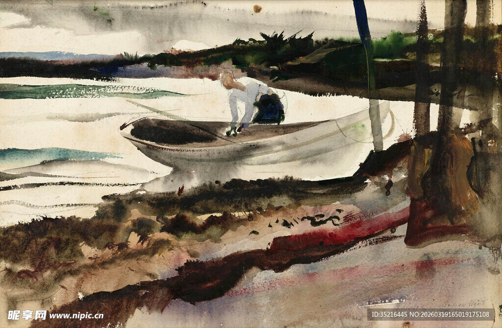 海边小船风景水彩画