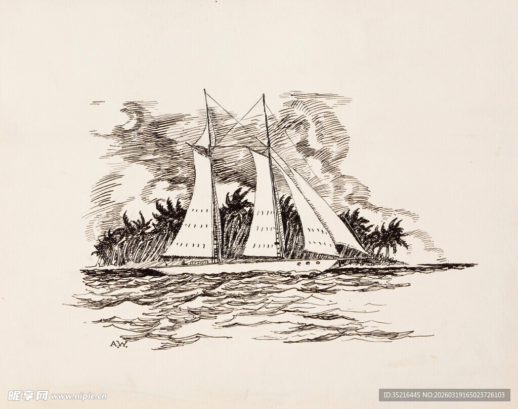 海上帆船素描图