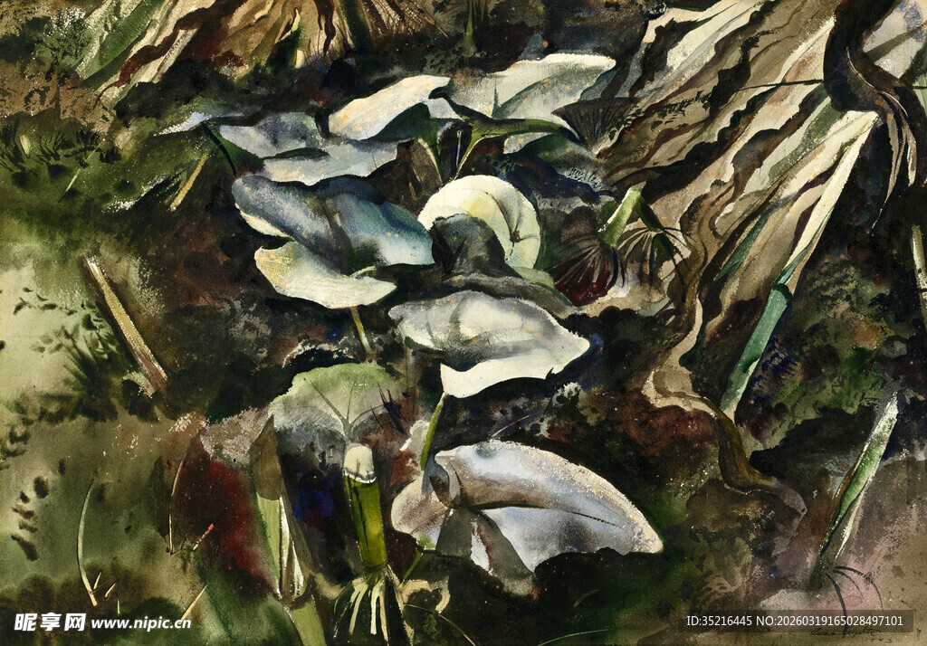 水彩画中的绿叶植物