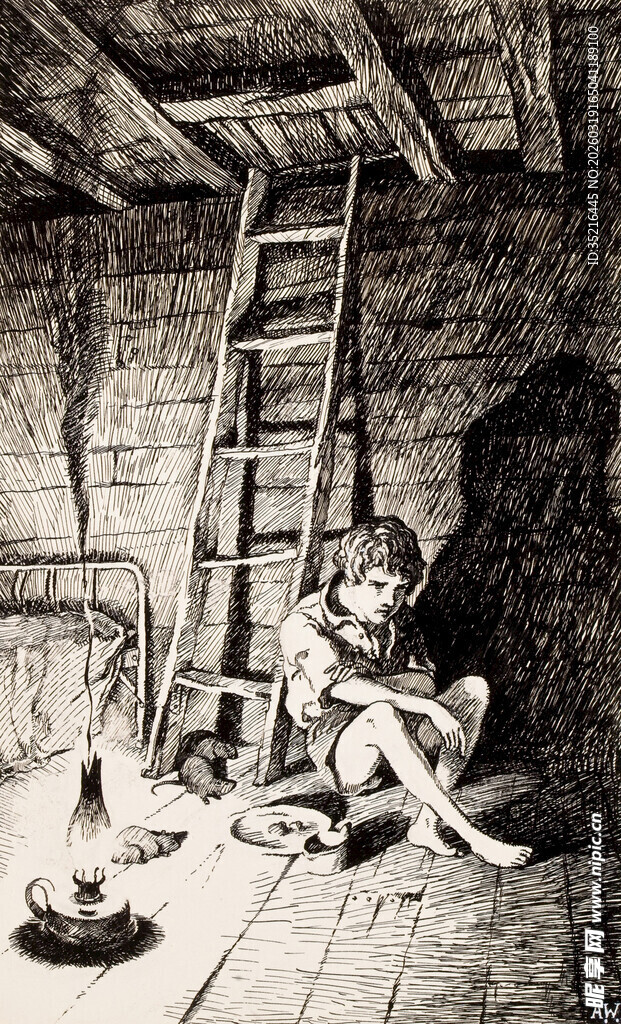 昏暗小屋内的人物与动物场景
