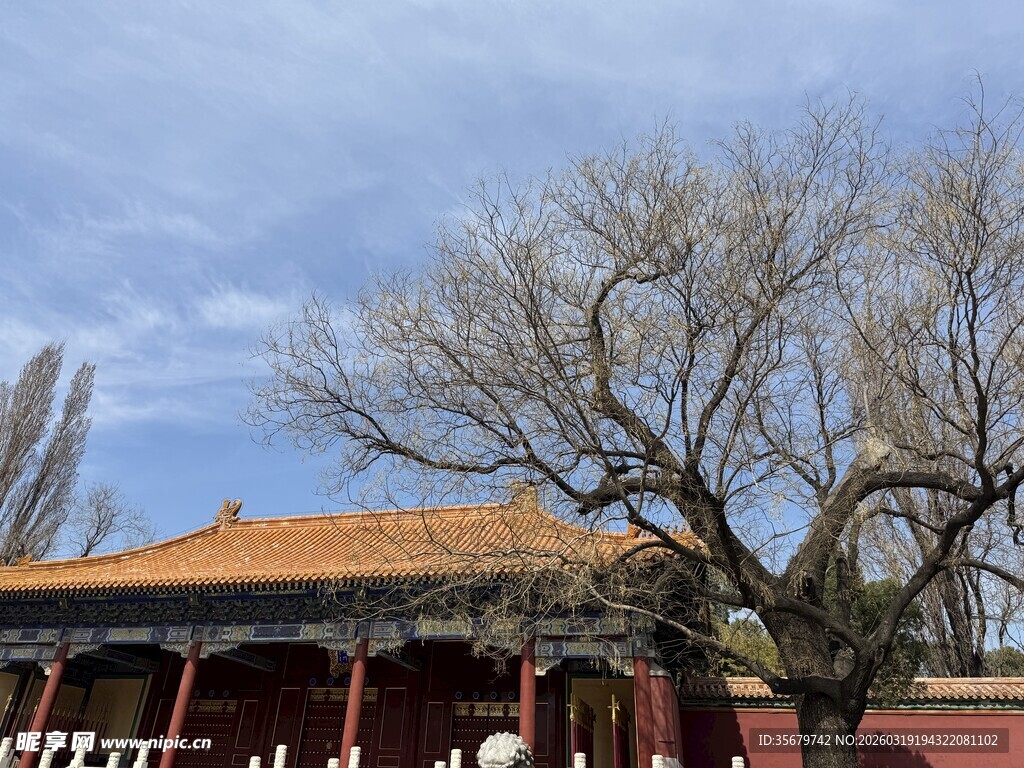 古老建筑与蓝天树木相映