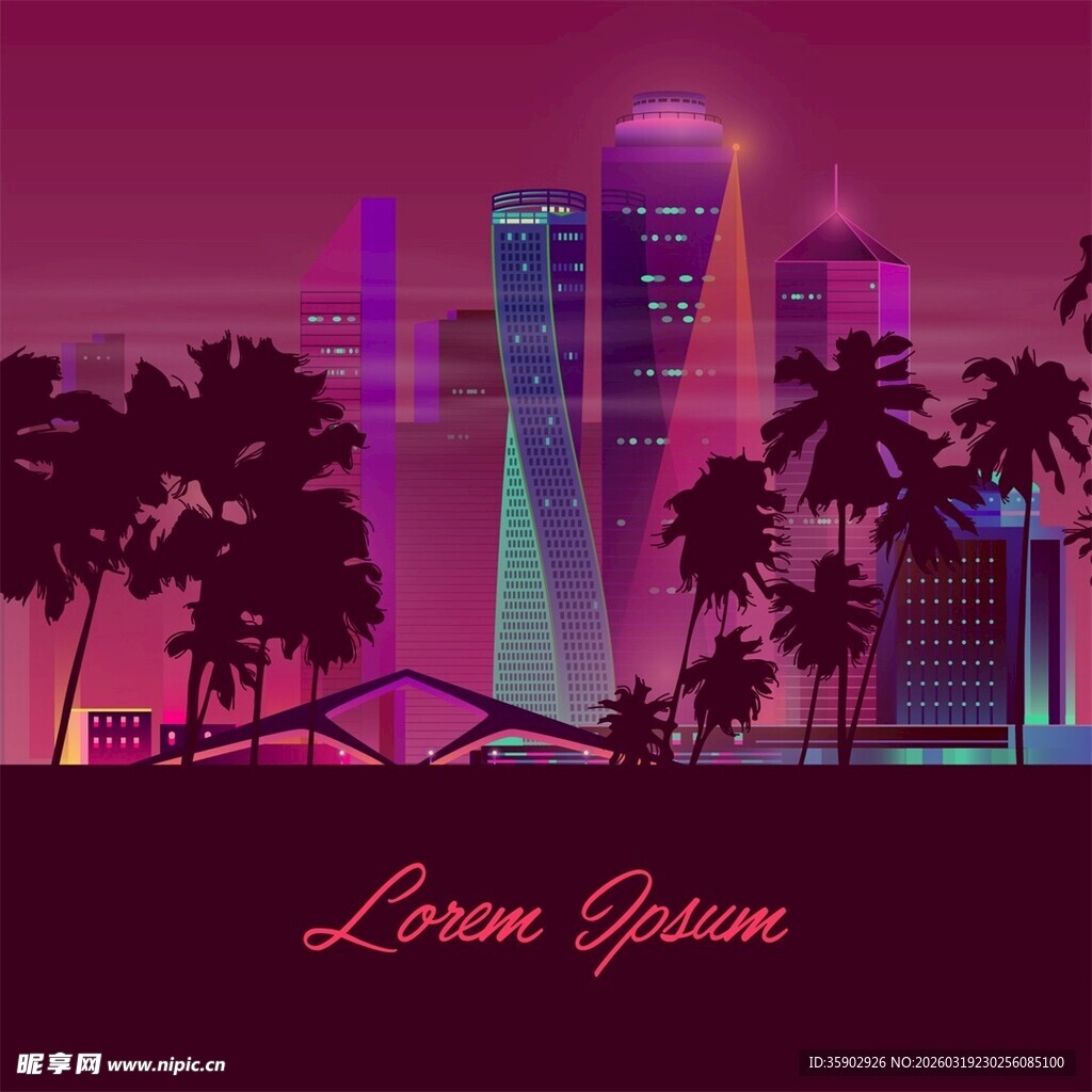 霓虹都市下的棕榈树景观