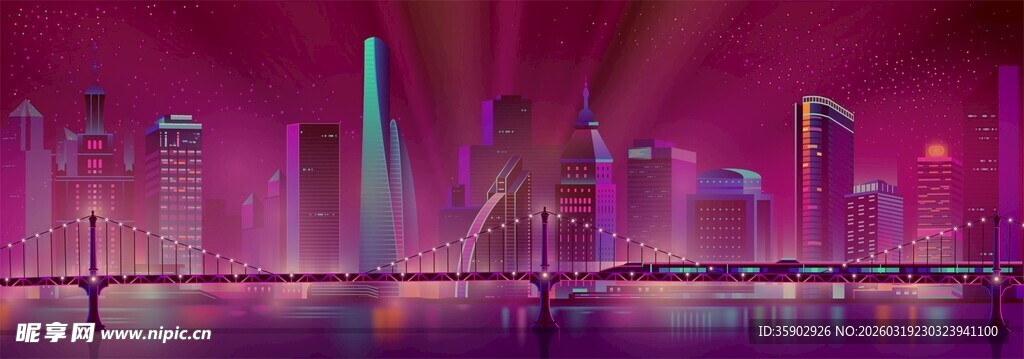 霓虹璀璨的城市河畔夜景