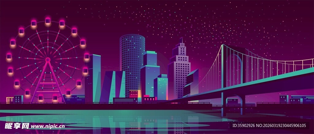 梦幻夜景中的摩天轮与桥梁