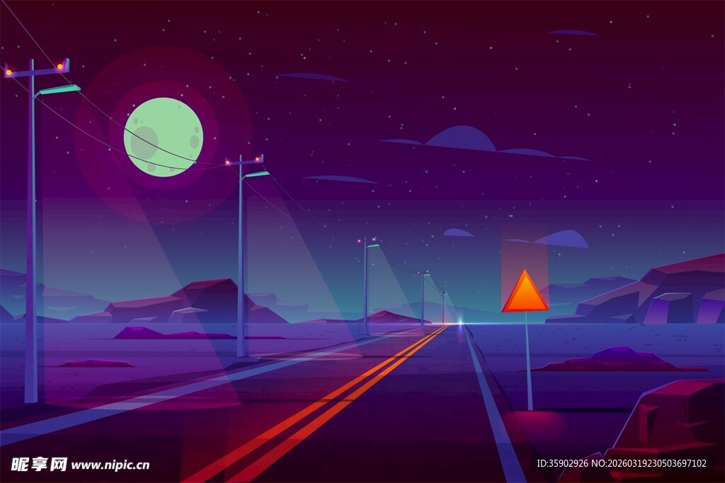 夜路风景霓虹与月色交织