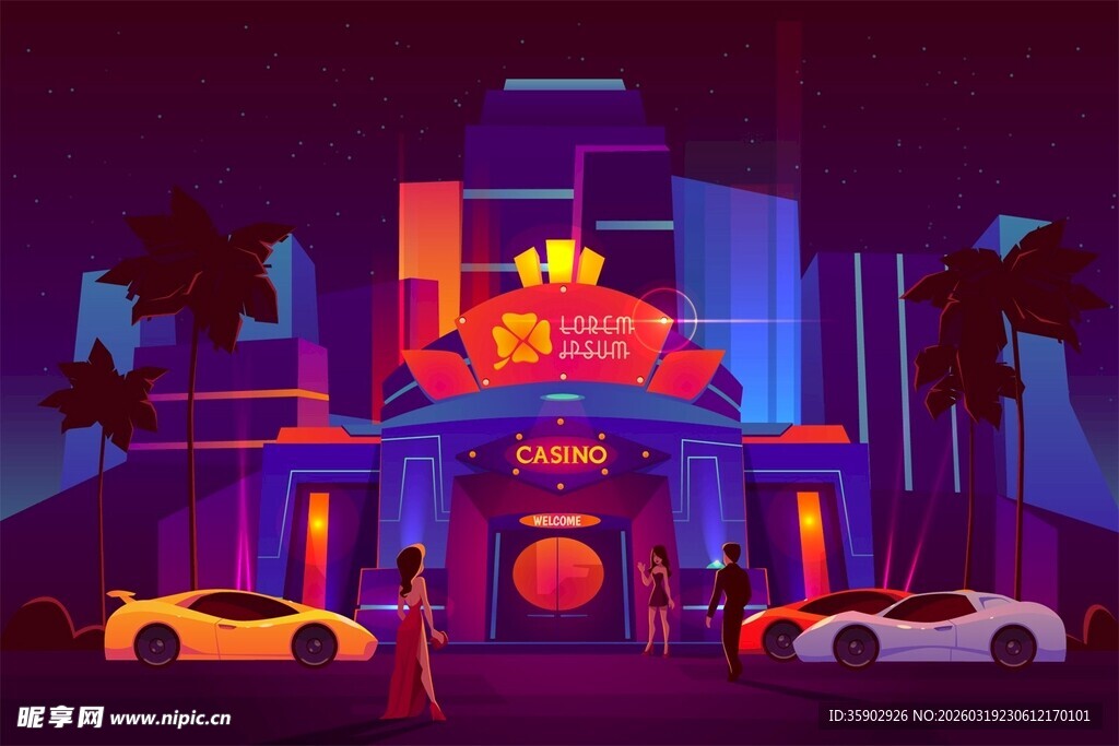 霓虹夜色下的豪华建筑场景