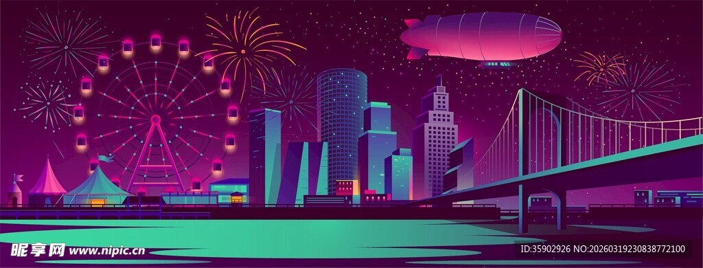 霓虹都市夜景梦幻桥梁摩天轮