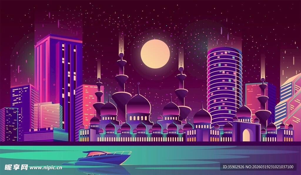 梦幻都市月夜下的静谧景象