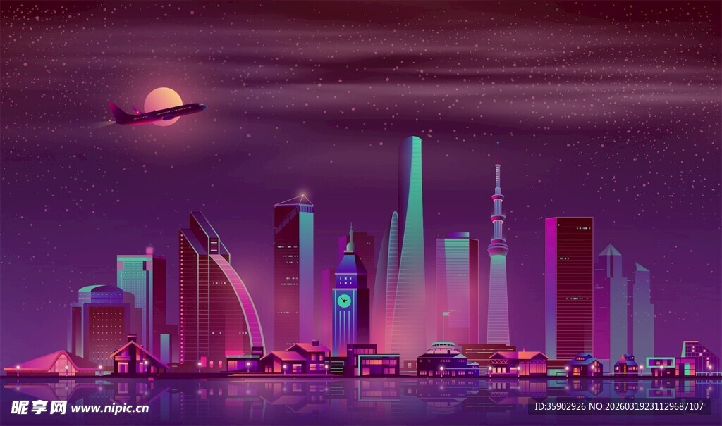 梦幻紫色调未来感城市夜景