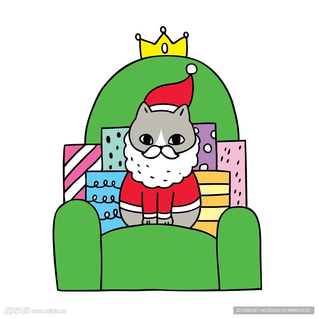 戴皇冠猫咪坐于礼物堆中