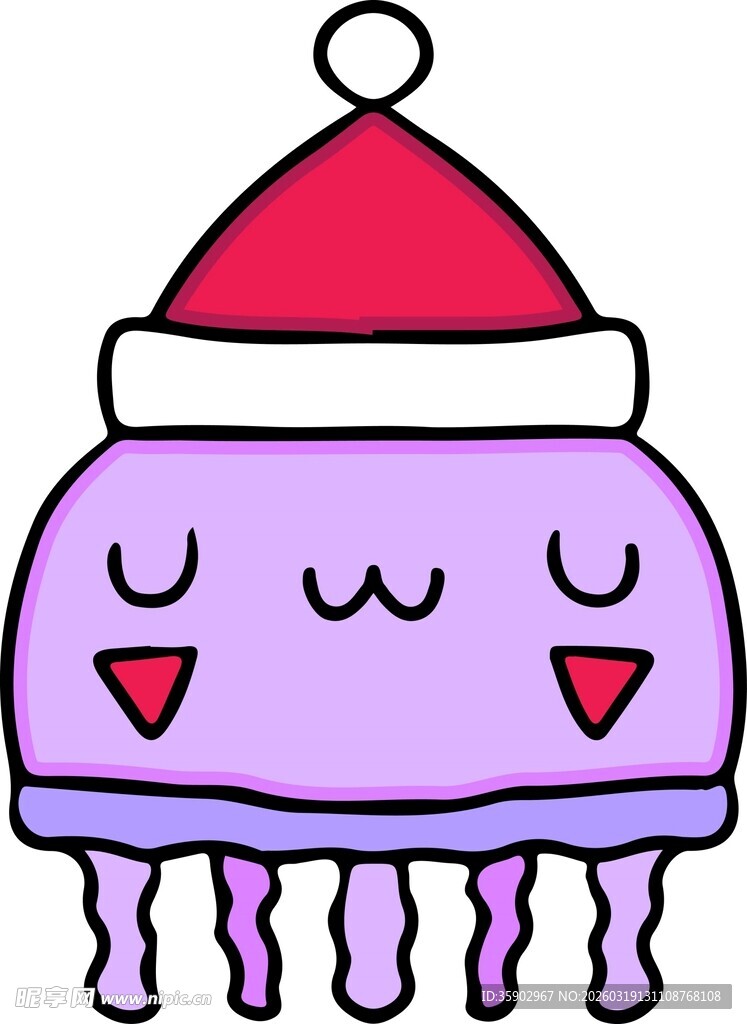 戴圣诞帽的可爱紫色水母