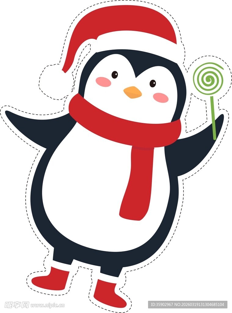 戴帽企鹅手持棒棒糖