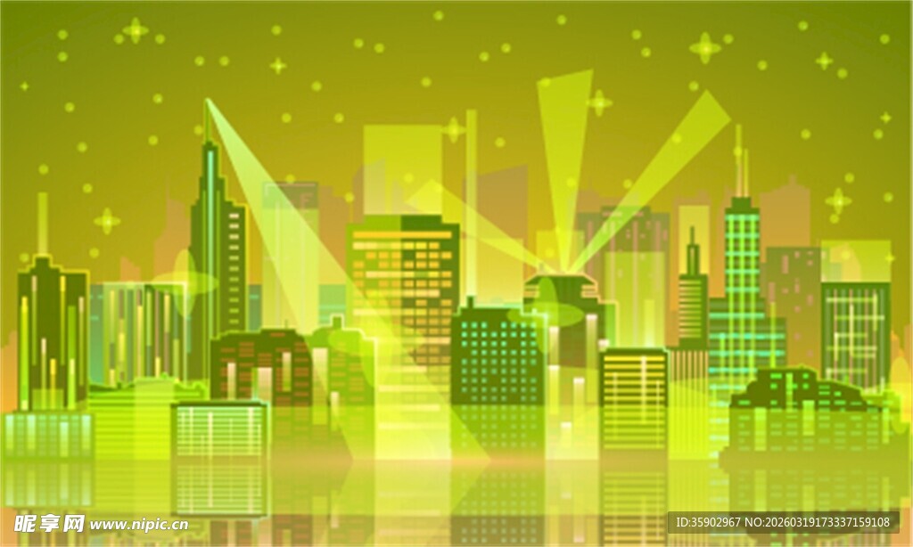 梦幻绿色城市夜景插画