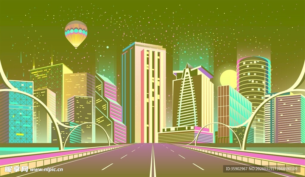 霓虹都市夜景公路插画