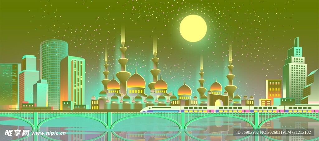 梦幻夜景中的璀璨城市建筑