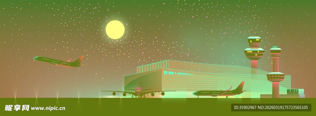 机场夜景飞机与塔台