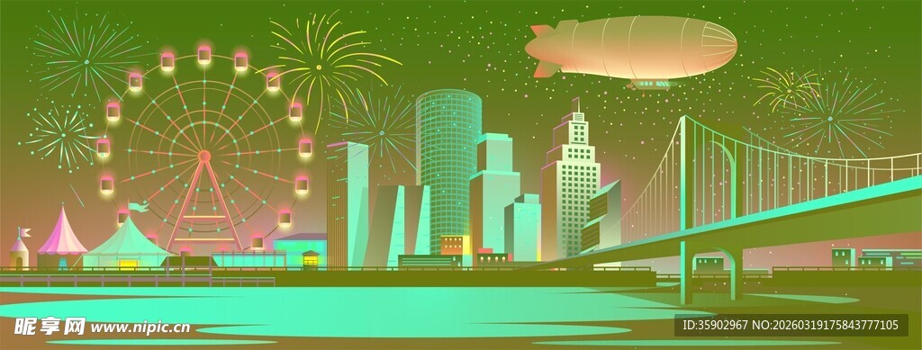 梦幻城市夜景与摩天轮