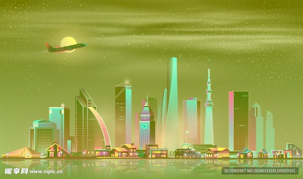 梦幻绿色都市天际线景观