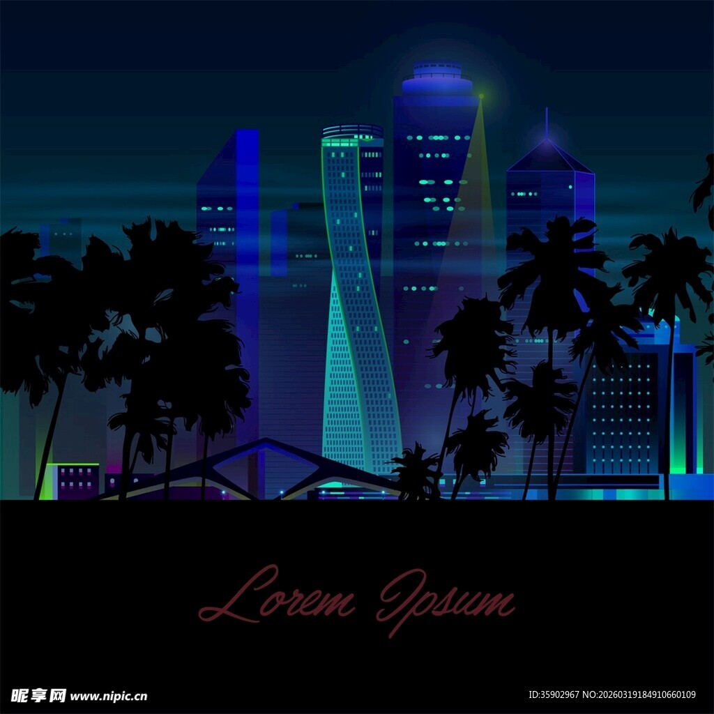 霓虹下的城市与棕榈树景观