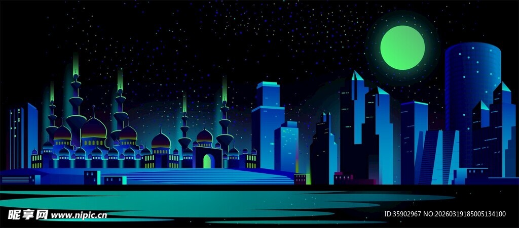 梦幻月夜下的奇幻城市景观