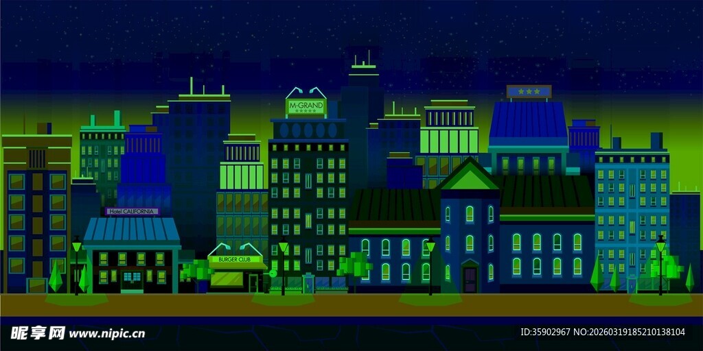 霓虹夜色下的城市建筑群