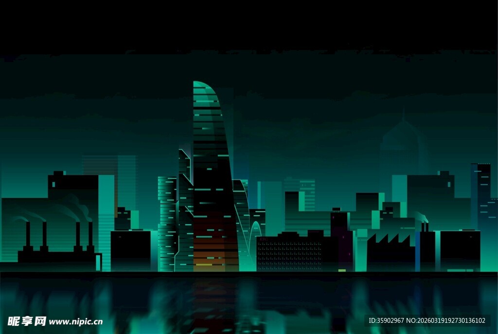 夜幕下的城市建筑剪影