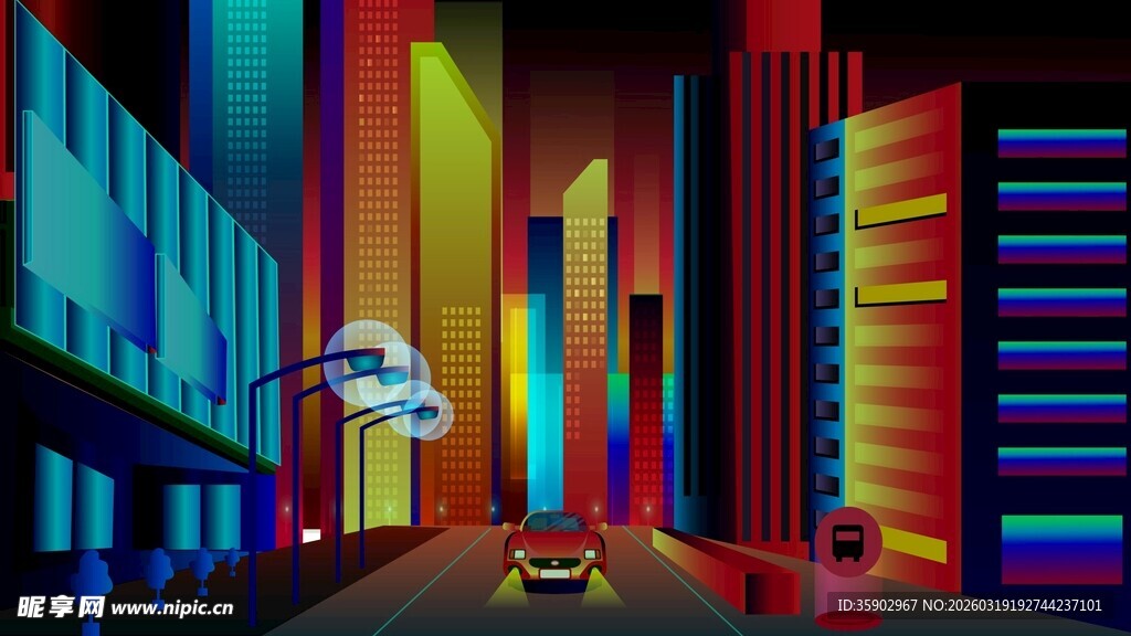 霓虹都市中的行驶车辆