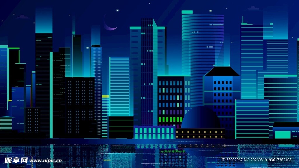 都市夜景璀璨蓝色建筑群