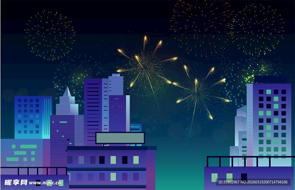 城市烟花夜景图
