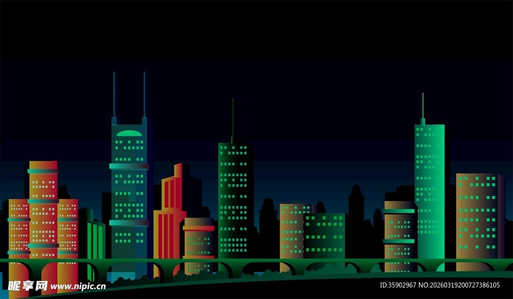 夜晚霓虹闪烁的城市建筑群