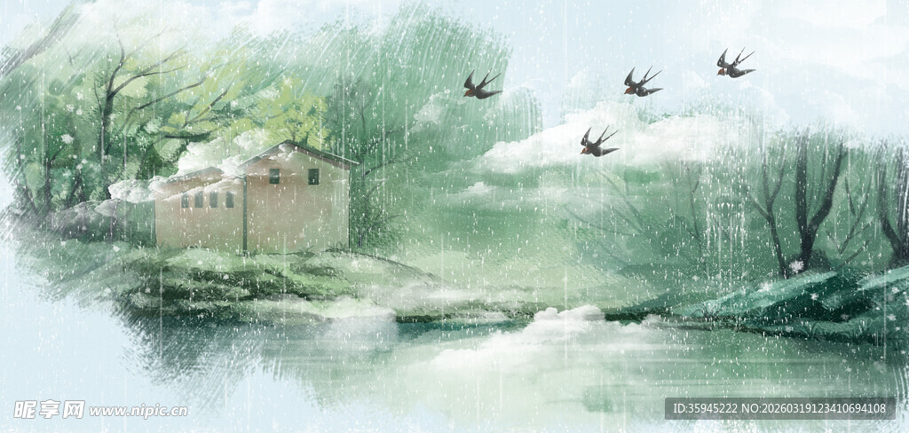 山林小屋旁的飞鸟溪流景