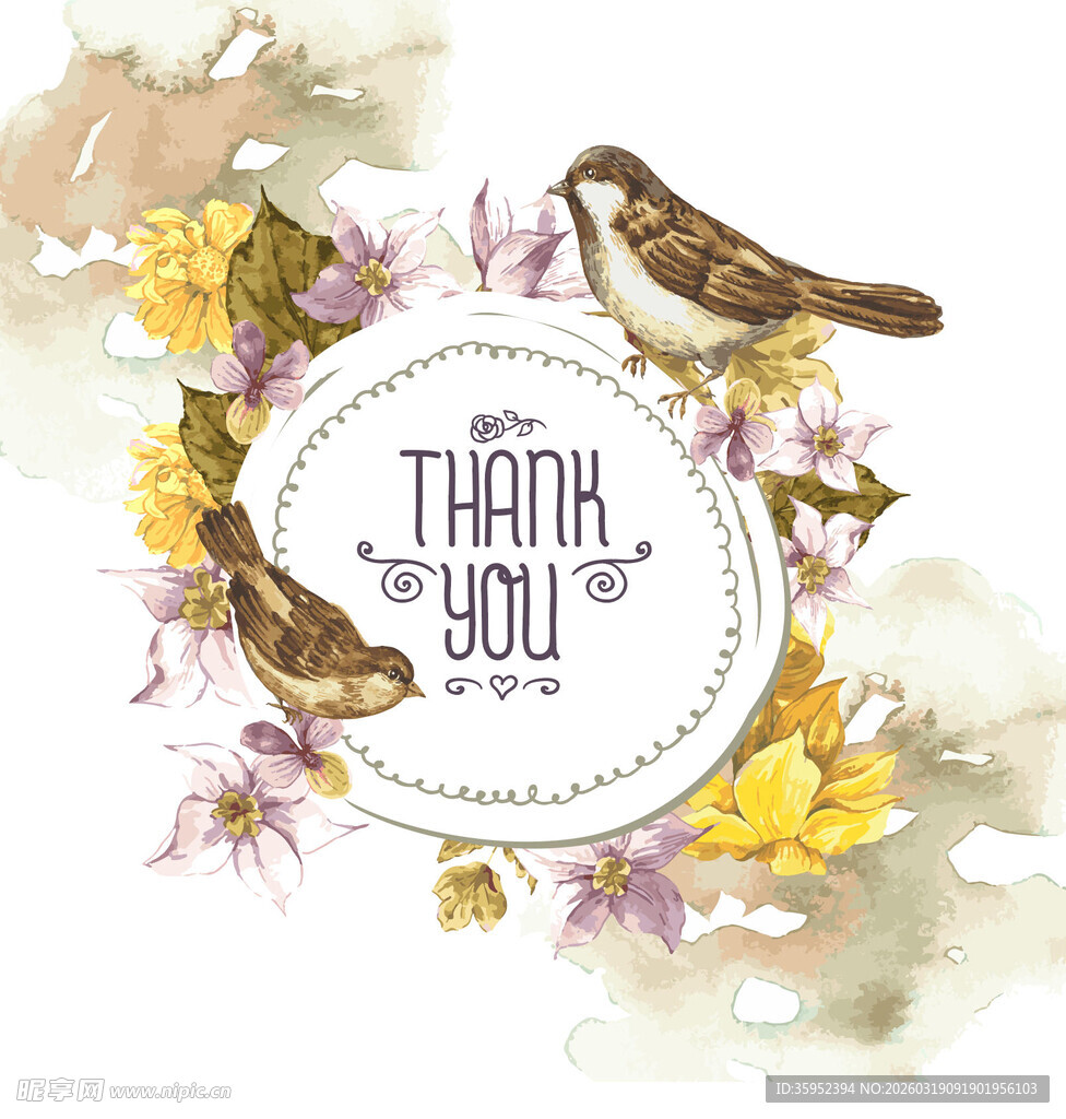 感谢主题花卉小鸟装饰图