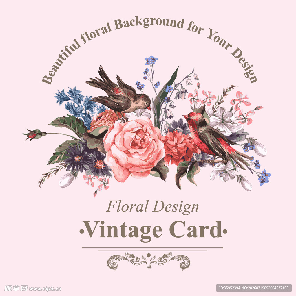 复古花卉鸟类设计贺卡