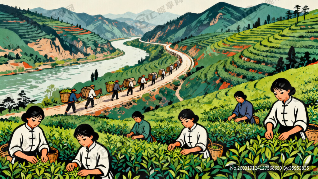 中景茶商商队行进弯曲的关中古道